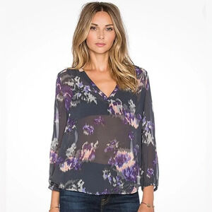 Joie Axcel Silk Blouse Top XS Charcoal Purple Pink Sheer Floral Spring Smocked